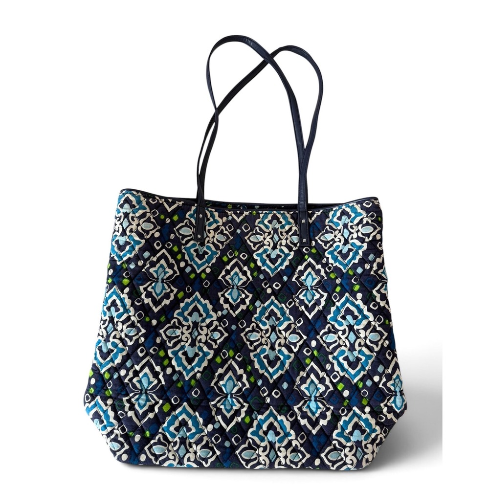 Vera Bradley Retired Ink Blue Quilted and Vegan Leather Tote Shoulders Bag